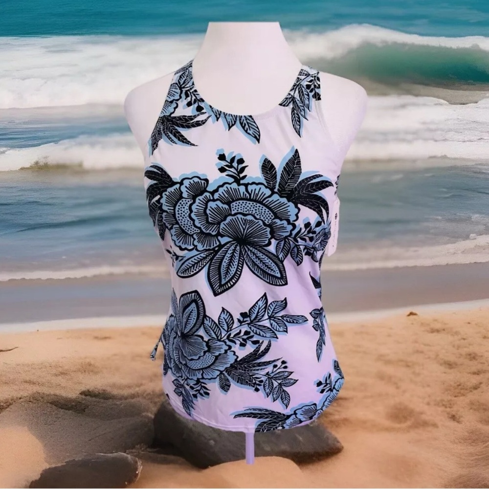 NWT HOLIPICK White & Blue Floral Medium 8-10 Built In Bra Tankini Swim Top